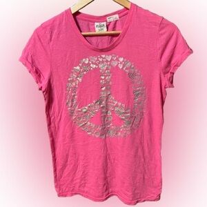 PINK Victoria's Secret Vibrant Pink and Silver Peace Hearts Sign Shirt Large